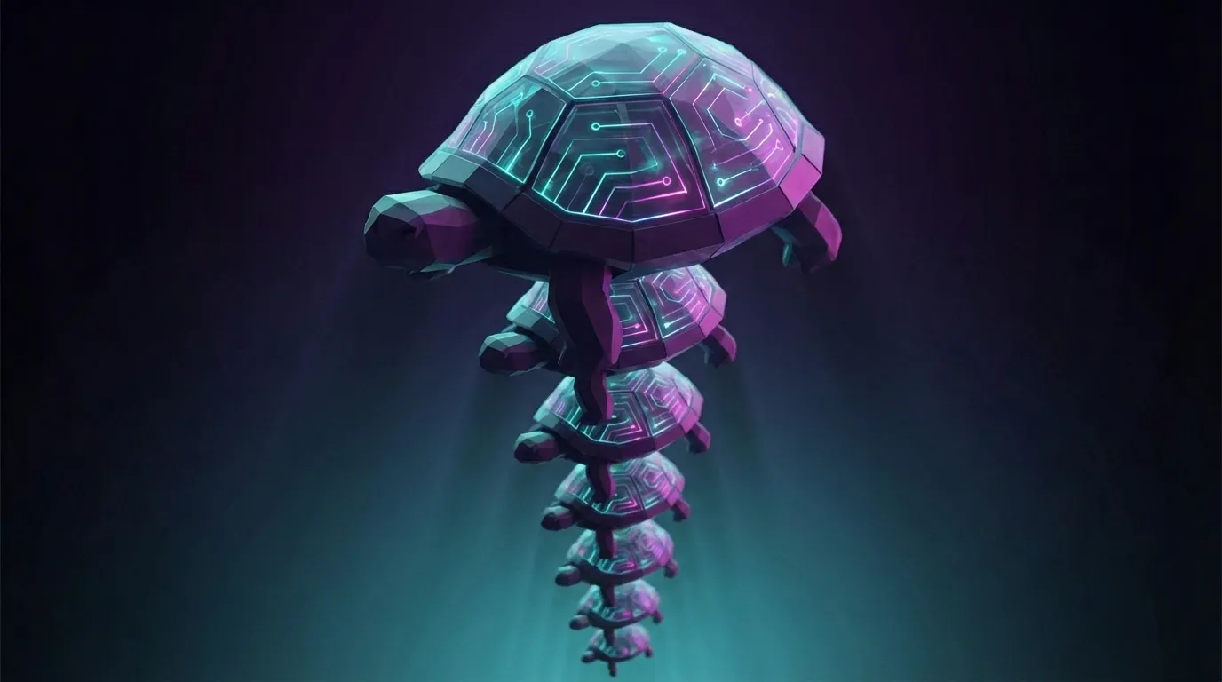 Stack of low-poly circuit-patterned turtles glowing cyan and pink, turtles all the way down