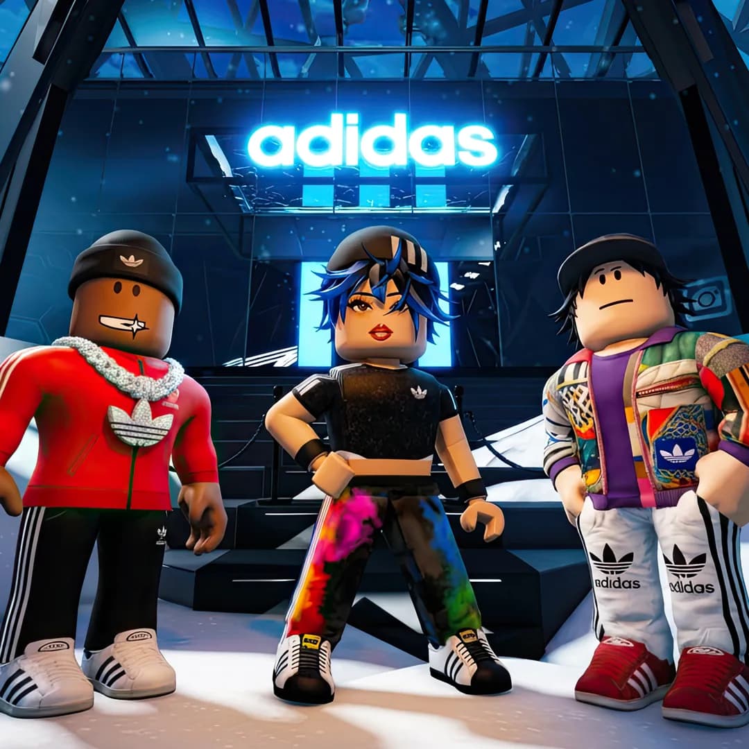 Adidas branded virtual flagship store on Roblox with sneaker displays and avatar customization