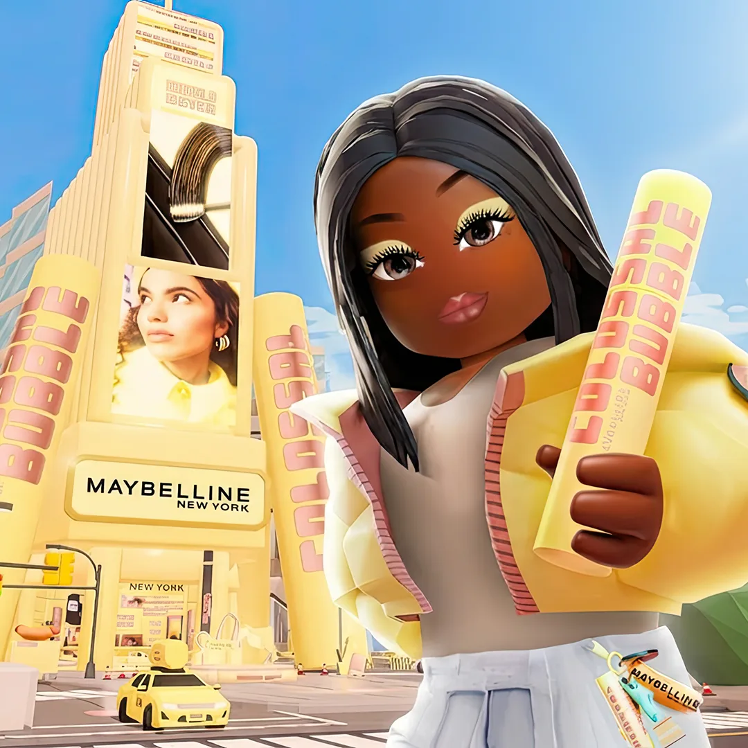 Maybelline Glamhattan virtual beauty experience on Roblox with giant bubble wand gameplay and neon cityscape